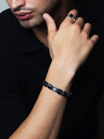 Nialaya Men's Flatbead Bracelet Men's Matte Onyx Flatbead Bracelet in Black and Sterling Silver